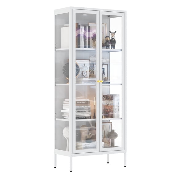 Polup Metal 66 "H Glass Display Cabinet with 3 Side Tempered Glass, White Display Case