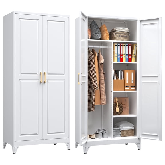 Polup Metal 71“ H Armoire Wardrobe Closet, Adult White Wardrobes with Doors ,Hanging Rod