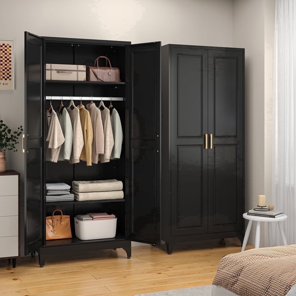 Polup Metal Armoire Wardrobe Closet with Hanging Rod, 71" Tall Clothing Storage Cabinet with Adjustable Shelves,Black