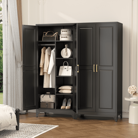 SteeLoong Metal Armoire Wardrobe Closet 71"H White Wardrobe Cabinet with 2 Doors Hanging Rod and Adjustable Shelves Steel Clothing Storage Cabinet