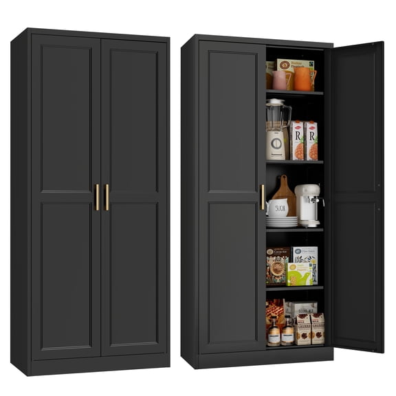 Polup 71" Height Metal Black Storage Cabinet, Modern Tall Steel Pantry Cupboard with 2 Doors and Adjustable Shelves for Kitchen Garage and Home