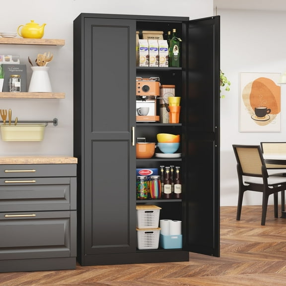 Polup 71" Height Metal Black Storage Cabinet, Modern Tall Steel Pantry Cupboard with 2 Doors and Adjustable Shelves for Kitchen Garage and Home
