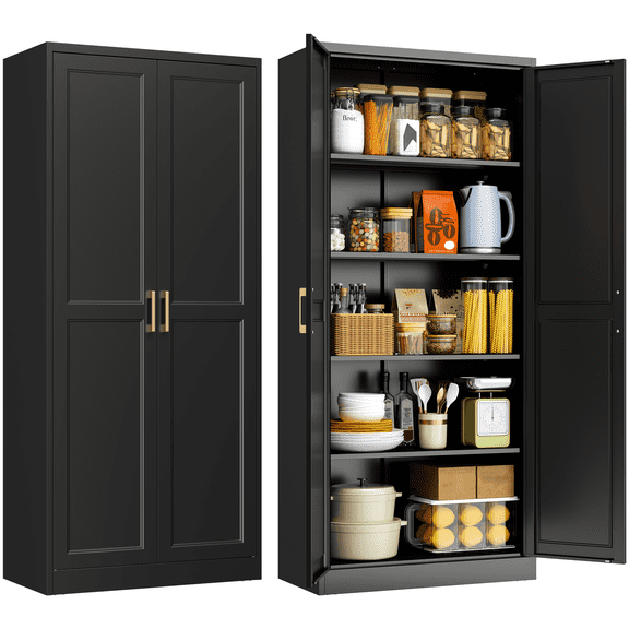 Polup 71" Black Metal Pantry Storage Cabinet with 2 Doors and Adjustable Shelves, Tall Freestanding Steel Cupboard for Kitchen, Garage, Laundry, Home