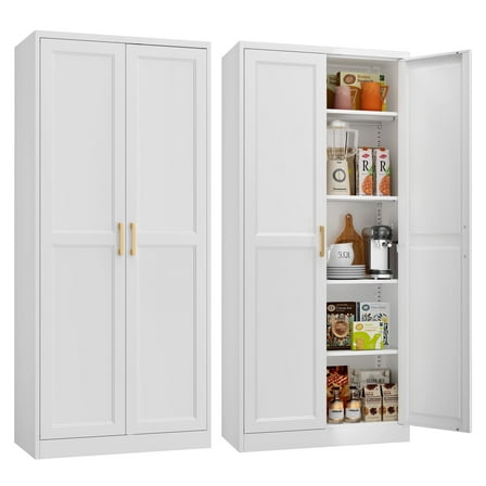 Polup 71" Height Metal White Storage Cabinet, Modern Tall Steel Pantry Cupboard with 2 Doors and Adjustable Shelves for Kitchen Garage and Home