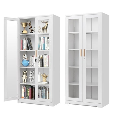 Polup 71'' H White Modern Metal Display Cabinet with Glass Doors and Shelves China Cabinet