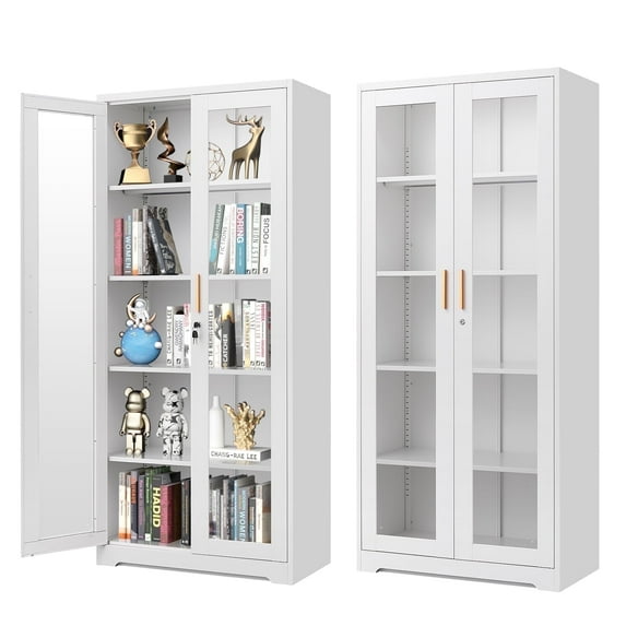 Polup 71'' H White Modern Metal Display Cabinet with Glass Doors and Shelves China Cabinet