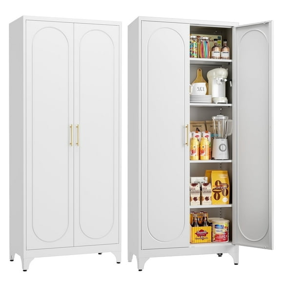 Polup White 75" H Modern Kitchen Storage Cabinet with Doors and Adjustable Shelves