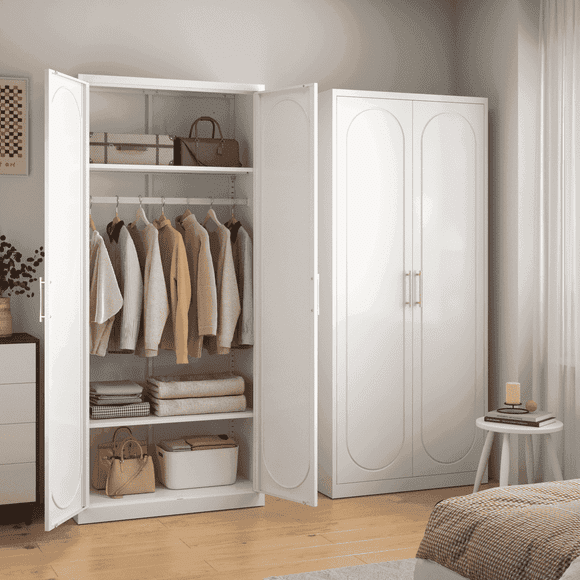 Polup 71" H Adult Metal Armoire Wardrobe Closet with Hanging Rod, Adjustable Shelves, White
