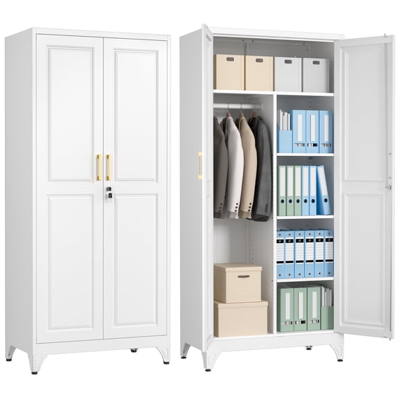 Polup 71" H White Metal Wardrobe Closet with Lock,Modern Armoires and Hanging Rod for Bedroom