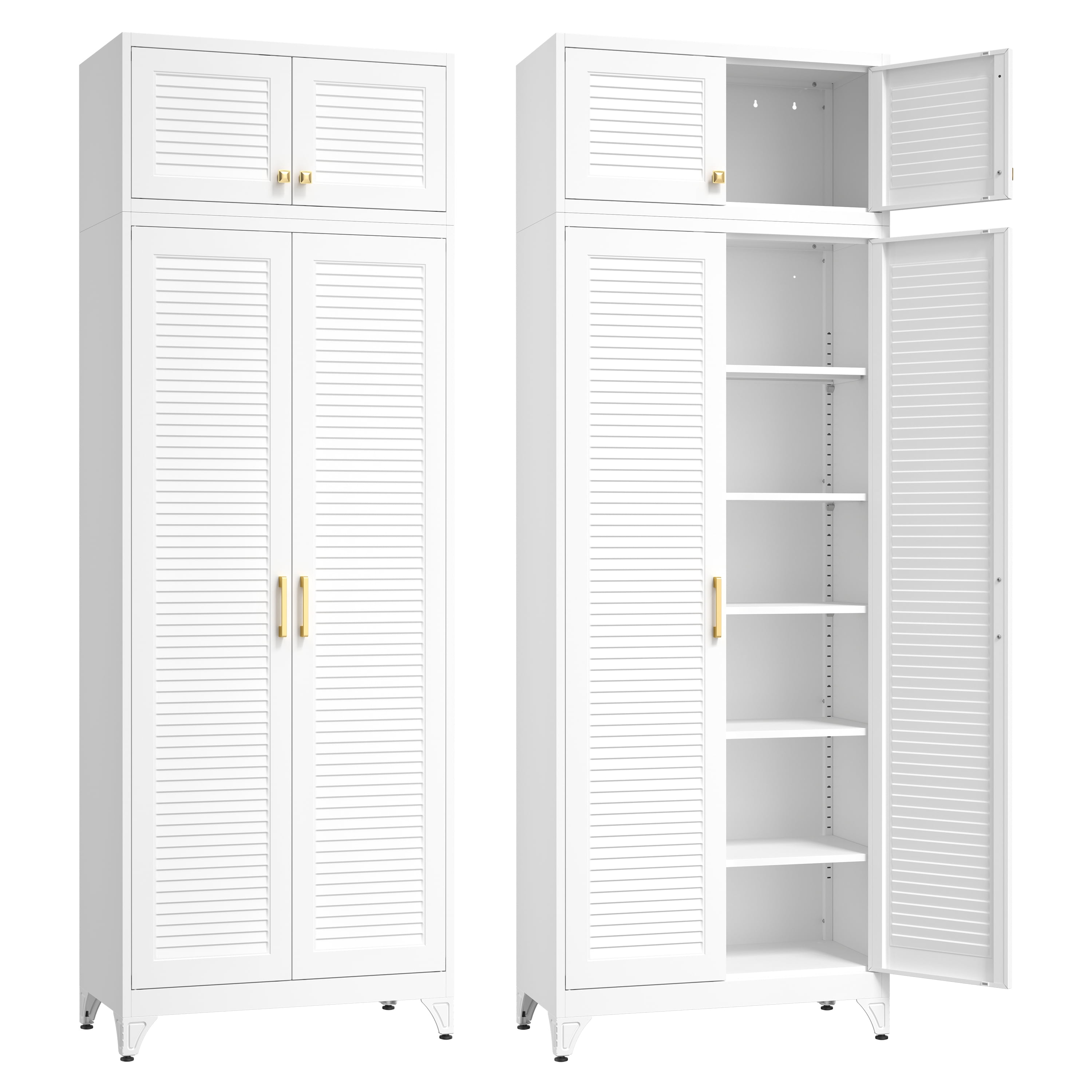 Polup 90" Height Modern Metal White Pantry Cabinet with 4 Doors and Adjustable Shelves, 1 Pack
