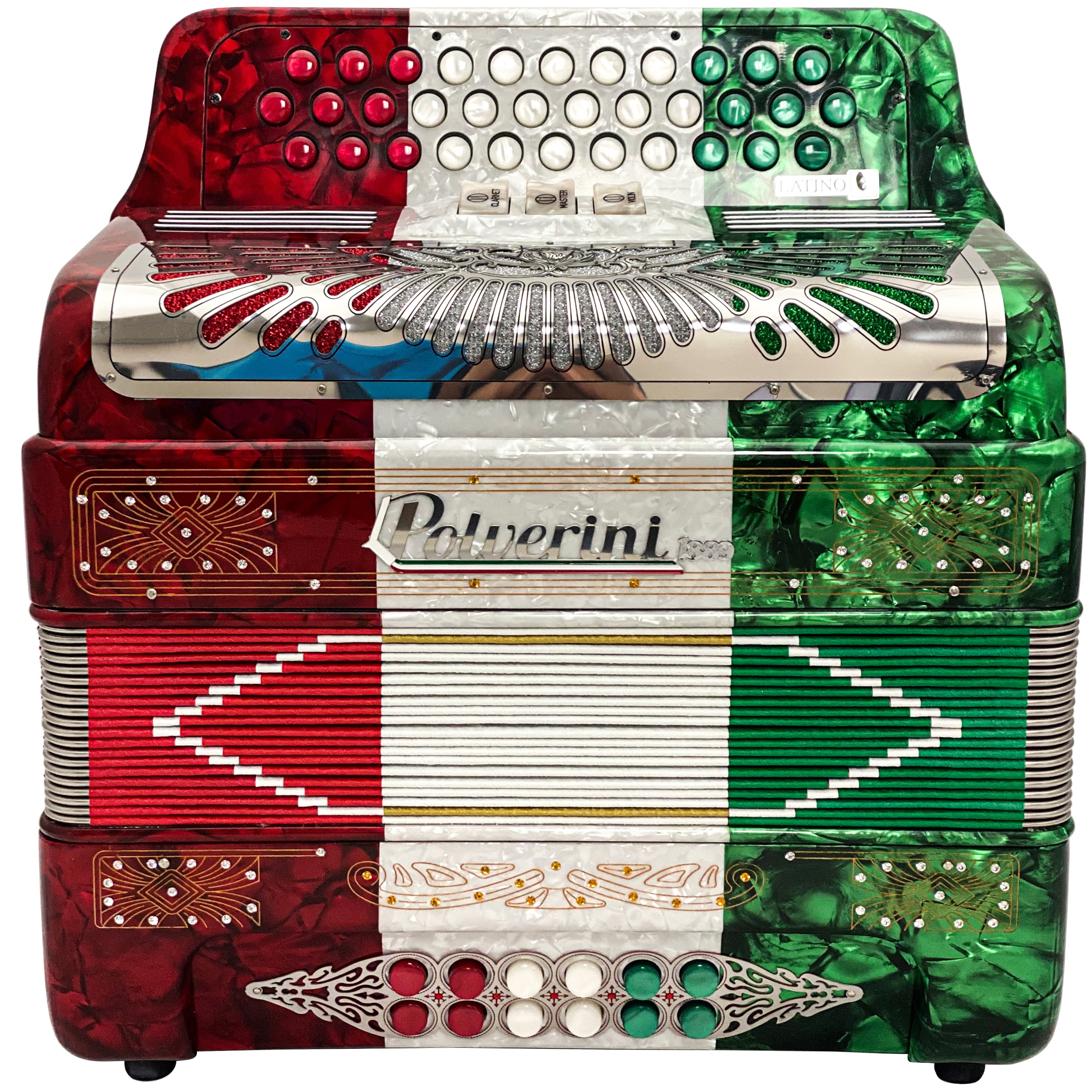 Polverini 34 Button 12 Bass 3 Switches Button Accordion EAD Red White and Green