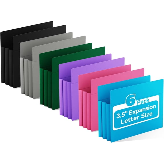 Poly 3.5Expandable File Pockets,6 Pack Extra Capacity File Pockets Folders,Letter Size File Pockets,Heavy Duty File Pocket with Straight-Cut Tab,Holds 8.5" x 11" documents & Manila Folder