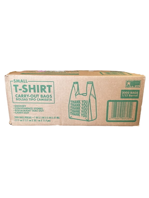 Poly America 2,000 Count, Small T-Shirt Carry-Out Plastic Bags, 7" x 5" x 15"