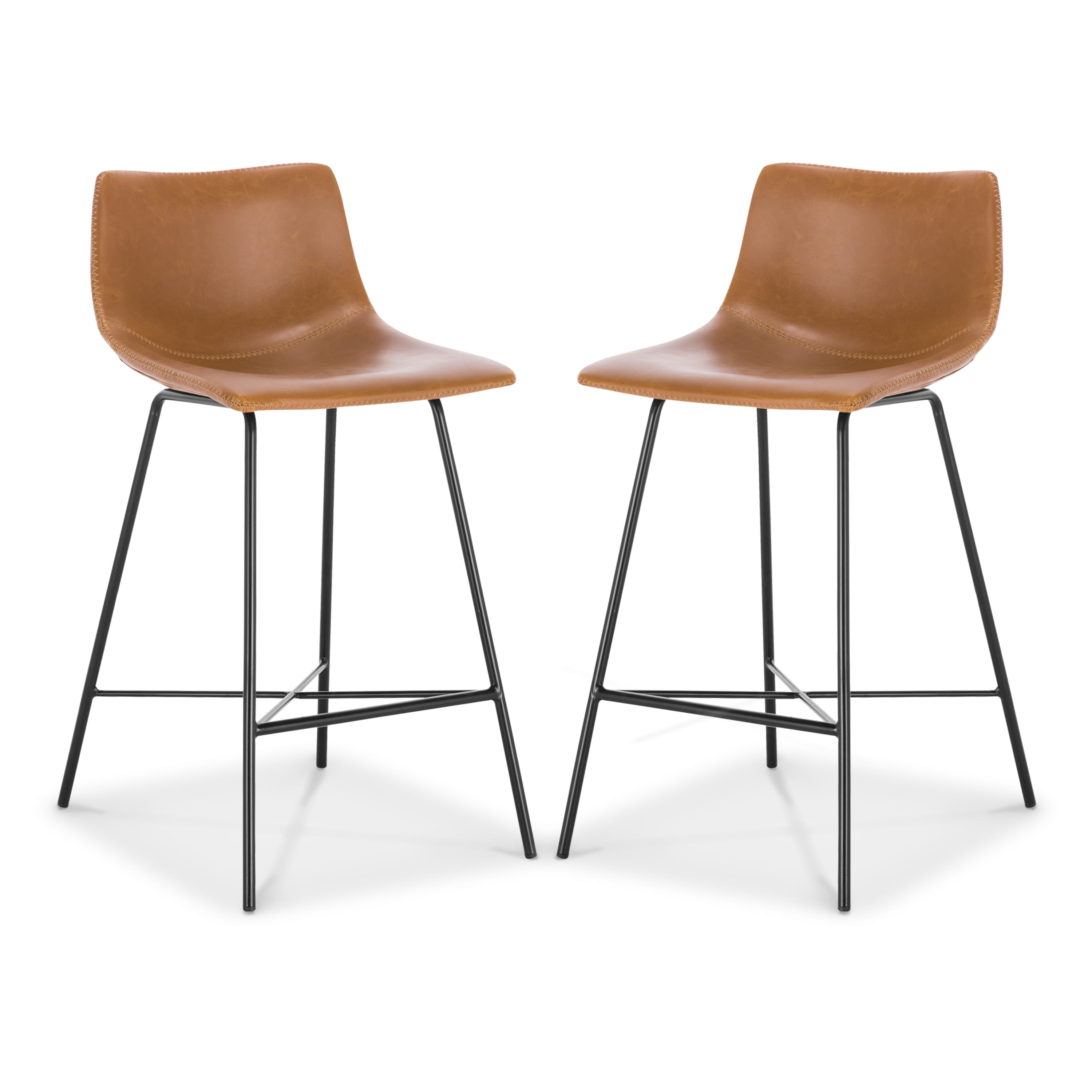 Set of 2 Tan Leather Saddle Counter Stools with Metal Legs