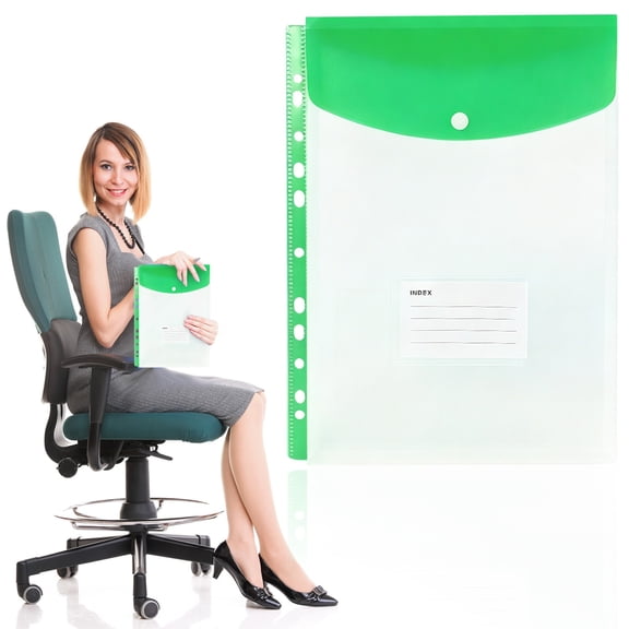 Poly Binder Pockets with Snap Closure, 11-Hole Vertical Opening Plastic Envelopes, Letter Size Waterproof Document Folders for 3 Ring Binder(Green)