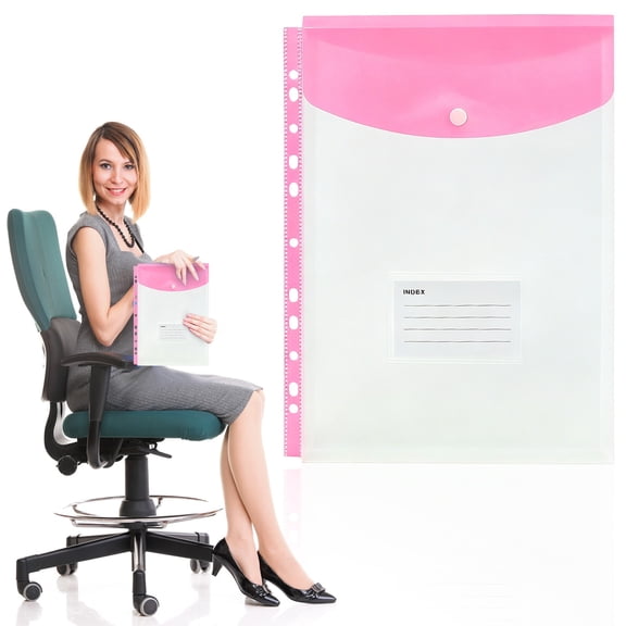 Poly Binder Pockets with Snap Closure, 11-Hole Vertical Opening Plastic Envelopes, Letter Size Waterproof Document Folders for 3 Ring Binder(Pink)