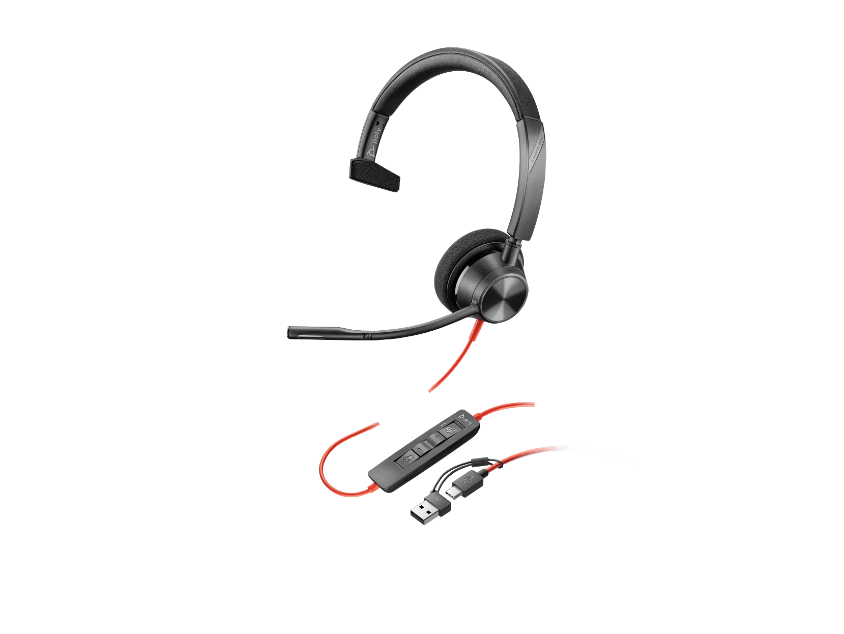 Poly Blackwire 3310 Monaural Microsoft Teams Certified USB-C Headset +USB-C/A Adapter