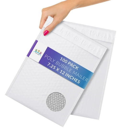Poly Bubble Mailer 7.25" x 12", Pack of 100 White Padded Envelopes, Waterproof Bubble Mailers Padded, Tear-Proof Padded Mailing Envelopes