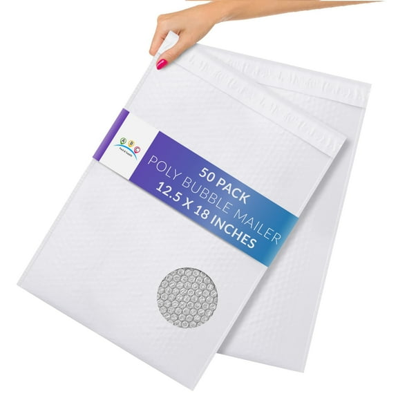 White Poly Bubble Mailers, Padded Self Seal Envelopes, 50 Count, 12.5 x 18 in