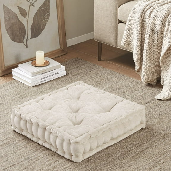 Poly Chenille Square Floor Pillow Cushion Ivory 20x20"