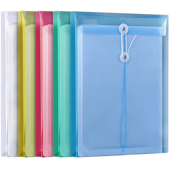 Poly Clear Envelopes with Button String Snap Closure 1 Inch Gusset Top Opening Letter Size 5 Per Pack Assorted Color