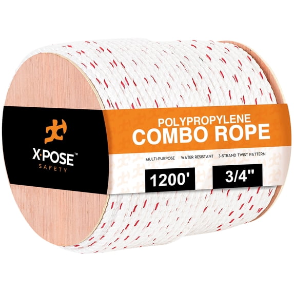 Poly Combo 3 Strand Safety Rope - 3/4" x 1200' UV Coated Polypropylene Rope - for Fall Protection, Ladder Safety, Climbing, Arborist Rigging Equipment, Roofing Harness - by Xpose Safety
