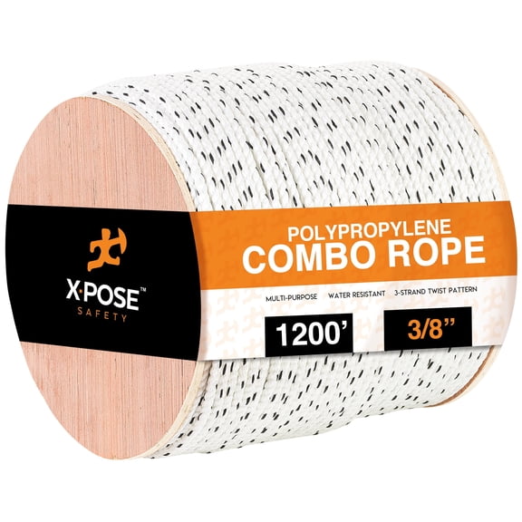 Poly Combo 3 Strand Safety Rope - 3/8" x 1200' - UV Coated Polypropylene Rope - for Fall Protection, Ladder Safety, Climbing, Arborist Rigging Equipment, Roofing Harness - by Xpose Safety