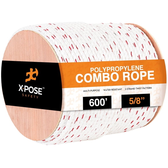 Poly Combo 3 Strand Safety Rope - 5/8" x 600' - UV Coated Polypropylene Rope - for Fall Protection, Ladder Safety, Climbing, Arborist Rigging Equipment, Roofing Harness - by Xpose Safety