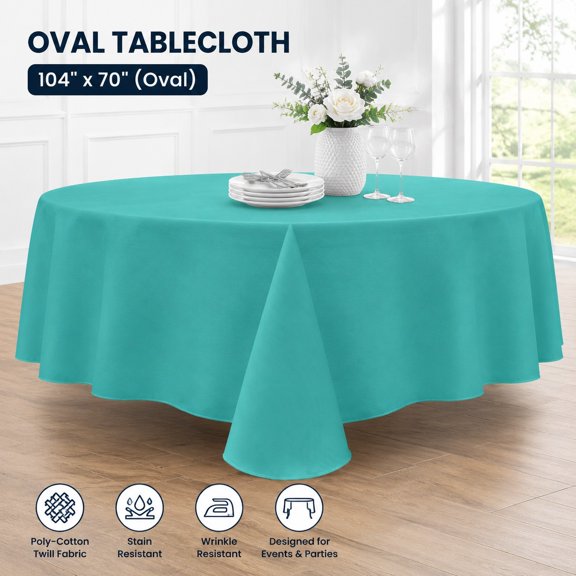 Poly-Cotton Twill Oval Tablecloth 70x104in - Stain & Wrinkle Resistant Table Linen for Dining, Events, Parties - Jade