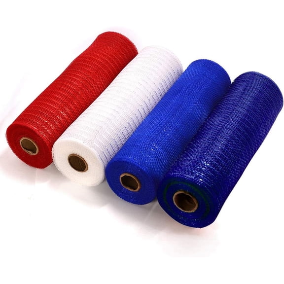 Poly Deco Mesh 10 inch x 10 Yards Each Roll, Metallic Foil Mesh Ribbon Blue/White/Red/Navy Set for Festival Wreaths, Swags, Craft, Party and Decorating Supplies - 4 Rolls
