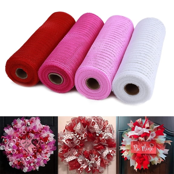 Poly Deco Mesh 10 inch x 10 Yards Each Roll, Metallic Foil Mesh Robbin Red/Hot Pink/Pink/White Set for Festival Wreaths, Swags, Craft, Party and Decorating Supplies - 4 Rolls