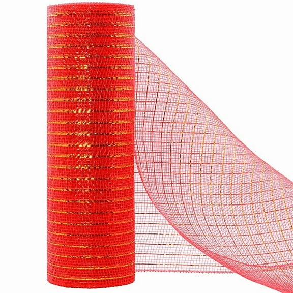 Poly Deco Mesh Ribbon Roll 10 Inch x 30 Feet with Foil Stripes, Decorative Mesh for Wreaths, Swags, Bows, Gift Wrapping, Garland and Holiday Decorations Red
