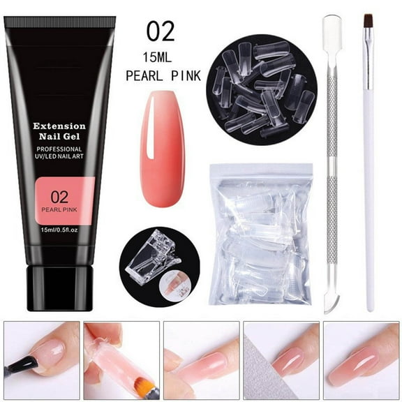 Poly Extension Gel Nail Kit: Clear Glue Gel with Base/Top Coat & Manicure Tools, 15ml Trial French Manicure Set, LED Curable