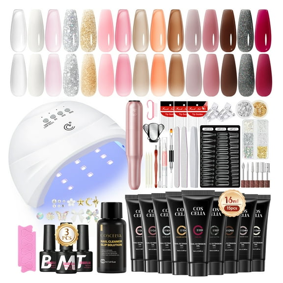 COSCELIA 50PC Poly Extension Gel Kit with U V Lamp and Drill 16ML 15 Colors Nail Extension Gel for Beginners Nail Decorations Professional Nail Extension Gel Kit DIY Gifts for Women
