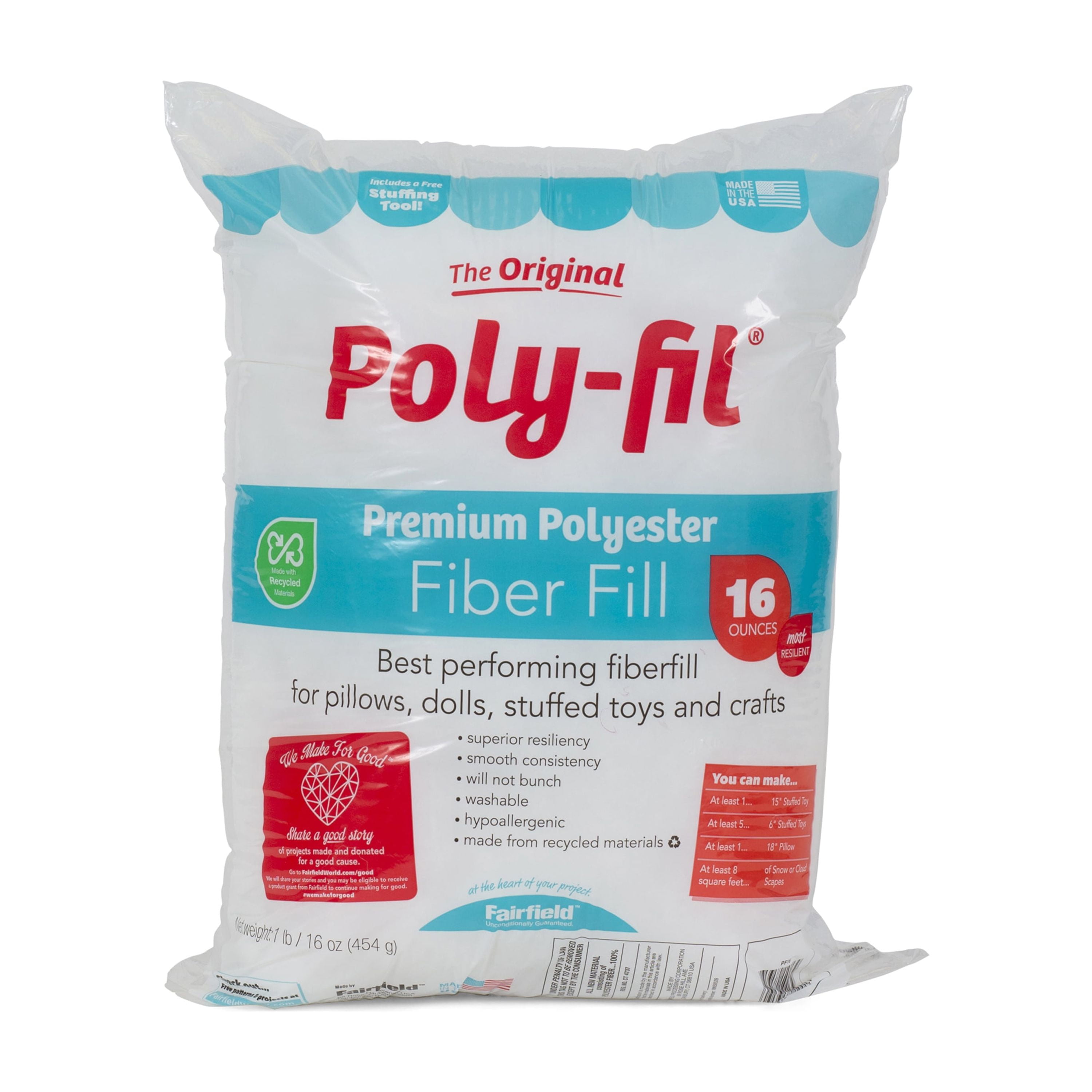 Essentials by Leisure Arts Polyester Fiber-Fil, Premium Fiber-Fil Stuffing,  12oz Bag, High Resilience Polyfill for filling Stuffed Animals, Crafts,  Pillow Stuffing, Cushion Stuffing