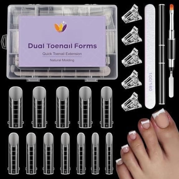 Poly Gel Form Set, Toenails Forms for Extensions, Poly Gel Tips with -Ended Brush and File, 5 count Clips - 12 Sizes 120 count