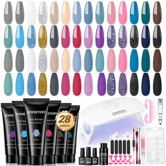 Poly Gel Nail Kit 28 Colors Nude Gray Glitter with Nail Lamp Base Top Coats Builder Gel All-In-One Set Ideal for Designs DIY At Home Need U V Lamp Curing