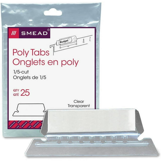Poly Index Tabs And Inserts For Hanging File Folders, 1/5-Cut Tabs, White/clear, 2.25" Wide, 25/pack | Bundle of 5 Packs