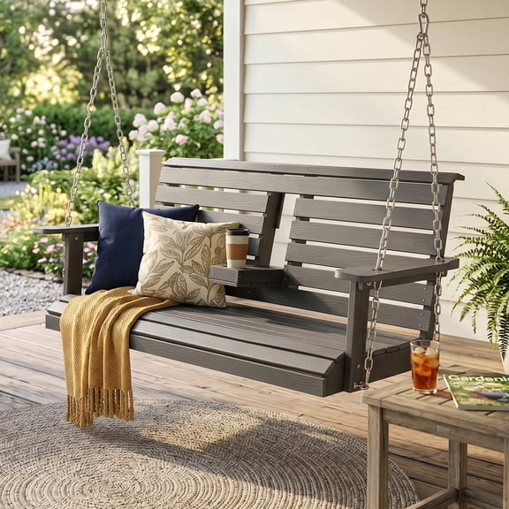 Poly Lumber 2-Seat Porch Swing, HIPS 4.5-Feet Bench Swing with Foldable Cup Holders,18/8 Stainless Steel Hardware, High Backrest and Deep Contoured Seat (Deep Gray, 4.5-feet)