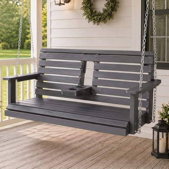 Poly Lumber 2-Seat Porch Swing, HIPS 4.5-Feet Bench Swing with Foldable Cup Holders,18/8 Stainless Steel Hardware, High Backrest and Deep Contoured Seat (Deep Gray, 4.5-feet)