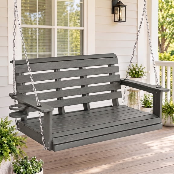 Poly Lumber 2-Seat Porch Swing, HIPS 4-Feet Bench Swing with Foldable Cup Holders, 18/8 Stainless Steel Hardware, High Backrest and Deep Contoured Seat (Grey, 4-feet)