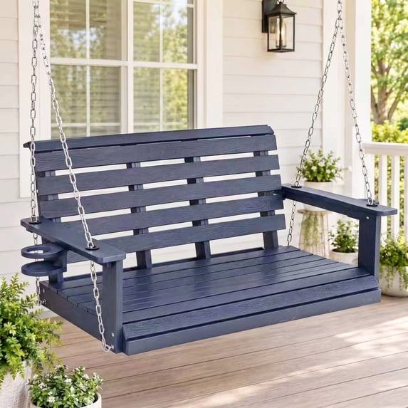 Poly Lumber 2-Seat Porch Swing, HIPS 4-Feet Bench Swing with Foldable Cup Holders, 18/8 Stainless Steel Hardware, High Backrest and Deep Contoured Seat (Navy Blue, 4-feet)
