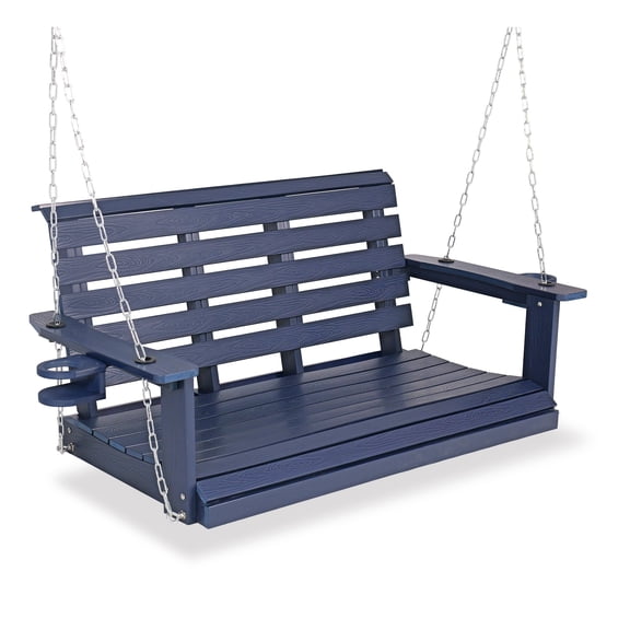 Poly Lumber 2-Seat Porch Swing, HIPS 4-Feet Bench Swing with Foldable Cup Holders,18/8 Stainless Steel Hardware, High Backrest and Deep Contoured Seat ( Navy blue, 4-feet)
