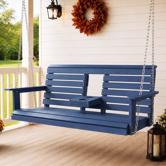 Poly Lumber 3-Seat Porch Swing, HIPS 5-Feet Bench Swing with Foldable Cup Holders,18/8 Stainless Steel Hardware, High Backrest and Deep Contoured Seat (Navy Blue, 5-feet)