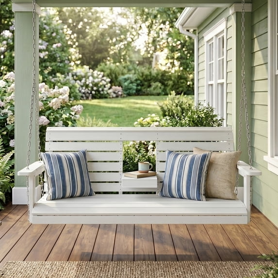Poly Lumber 3-Seat Porch Swing, HIPS 5-Feet Bench Swing with Foldable Cup Holders,18/8 Stainless Steel Hardware, High Backrest and Deep Contoured Seat, White