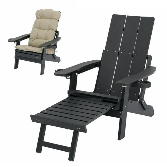 Poly Lumber Outdoor Adjustable Back Adirondack Chair with Ottoman Cup Holders and Cushion, Black