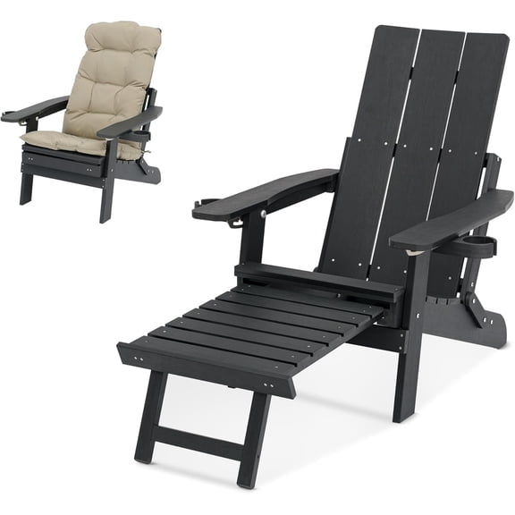 Poly Lumber Outdoor Adjustable Back Adirondack Chair with Ottoman Cup Holders and Cushion, Black