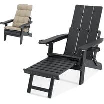 Poly Lumber Outdoor Adjustable Back Adirondack Chair with Ottoman Cup Holders and Cushion, Black