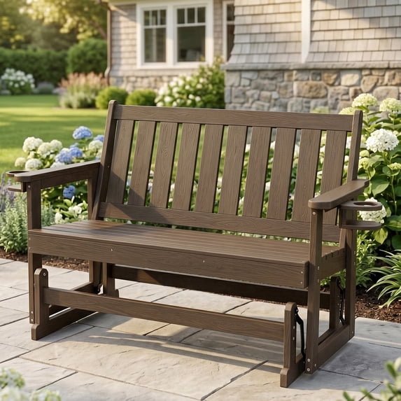 Mosbrisa Poly Lumber Patio Glider, HIPS Material Weather-Resistant Swing Bench for Outdoor Porch Garden (Deep Brown, 2-Seater)