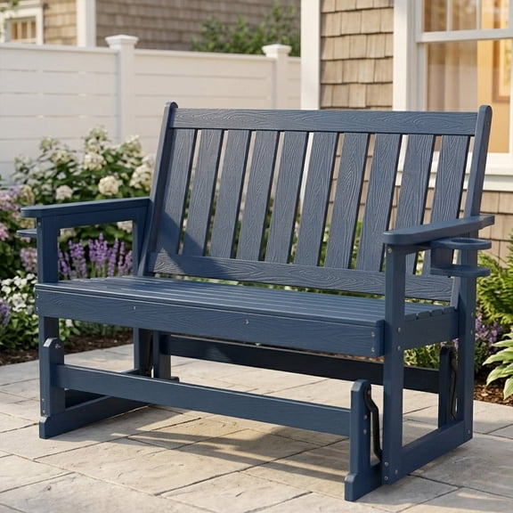 Poly Lumber Patio Glider, HIPS Material Weather-Resistant Swing Bench for Outdoor Porch Garden(Navy Blue, 2-Seater)